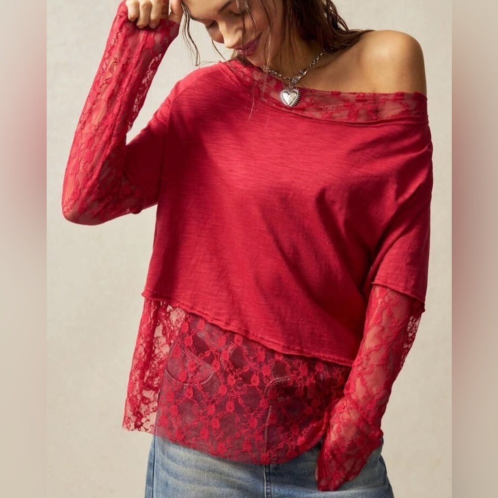 Red Lace Sleeve Off-Shoulder Top
